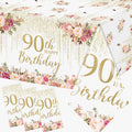 90th birthday tablecloth, floral rose-gold script with confetti accents