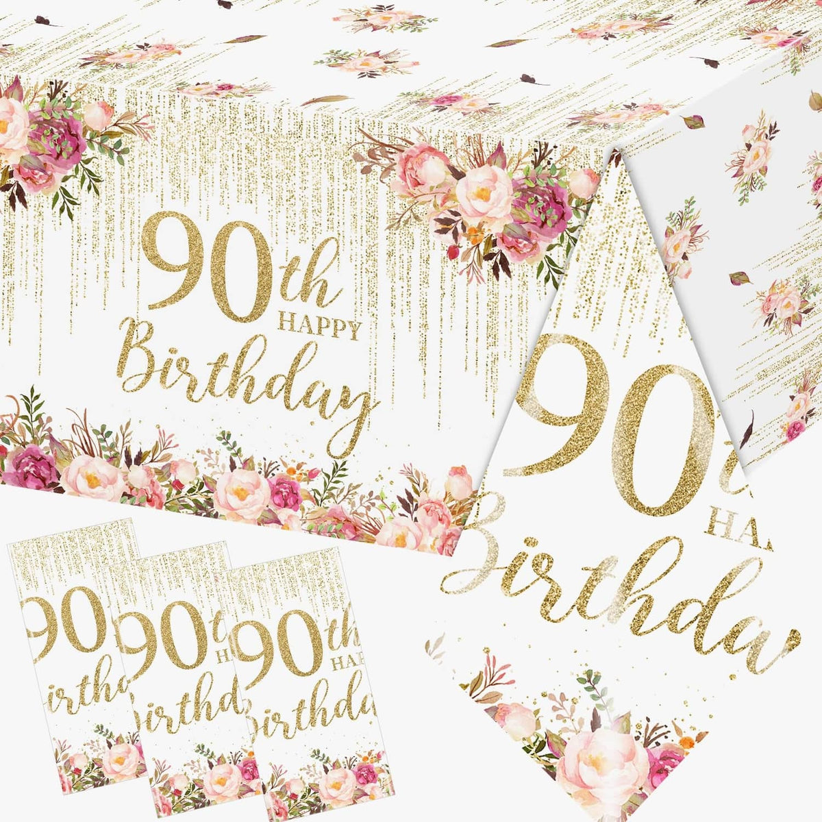 90th birthday tablecloth, floral rose-gold script with confetti accents