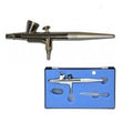 Gravity-feed single-action airbrush with metal nozzle, in blue accessory case