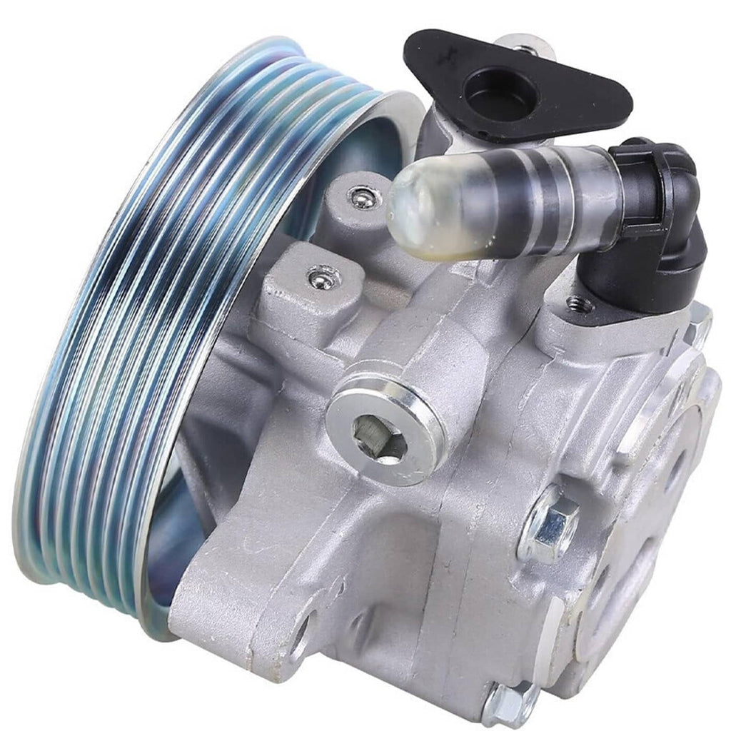 Power steering pump with ribbed pulley and metal cylinder fitting, black mounting bracket