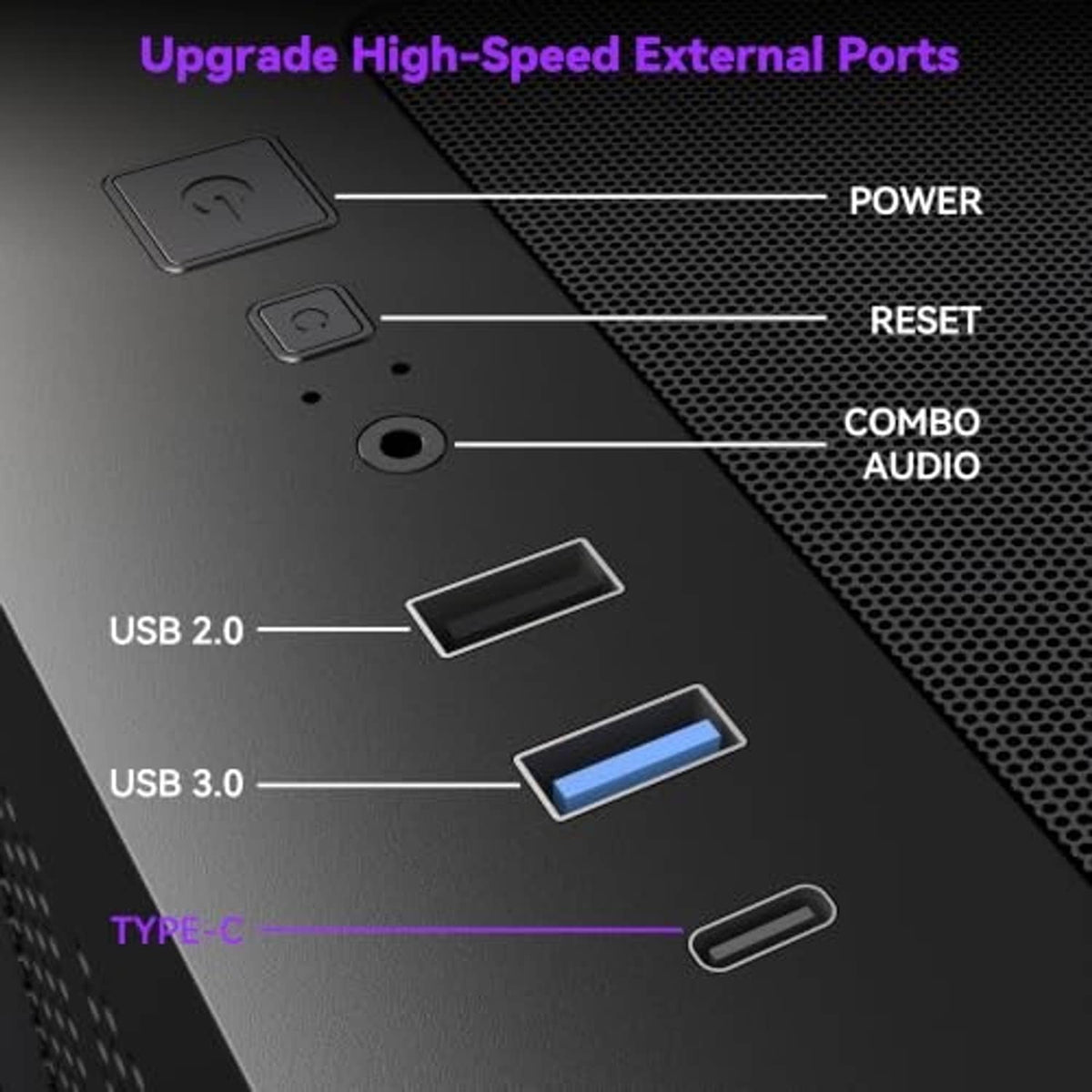 PC case front I/O panel with Power, Reset, USB 2.0, USB 3.0, and Type-C ports
