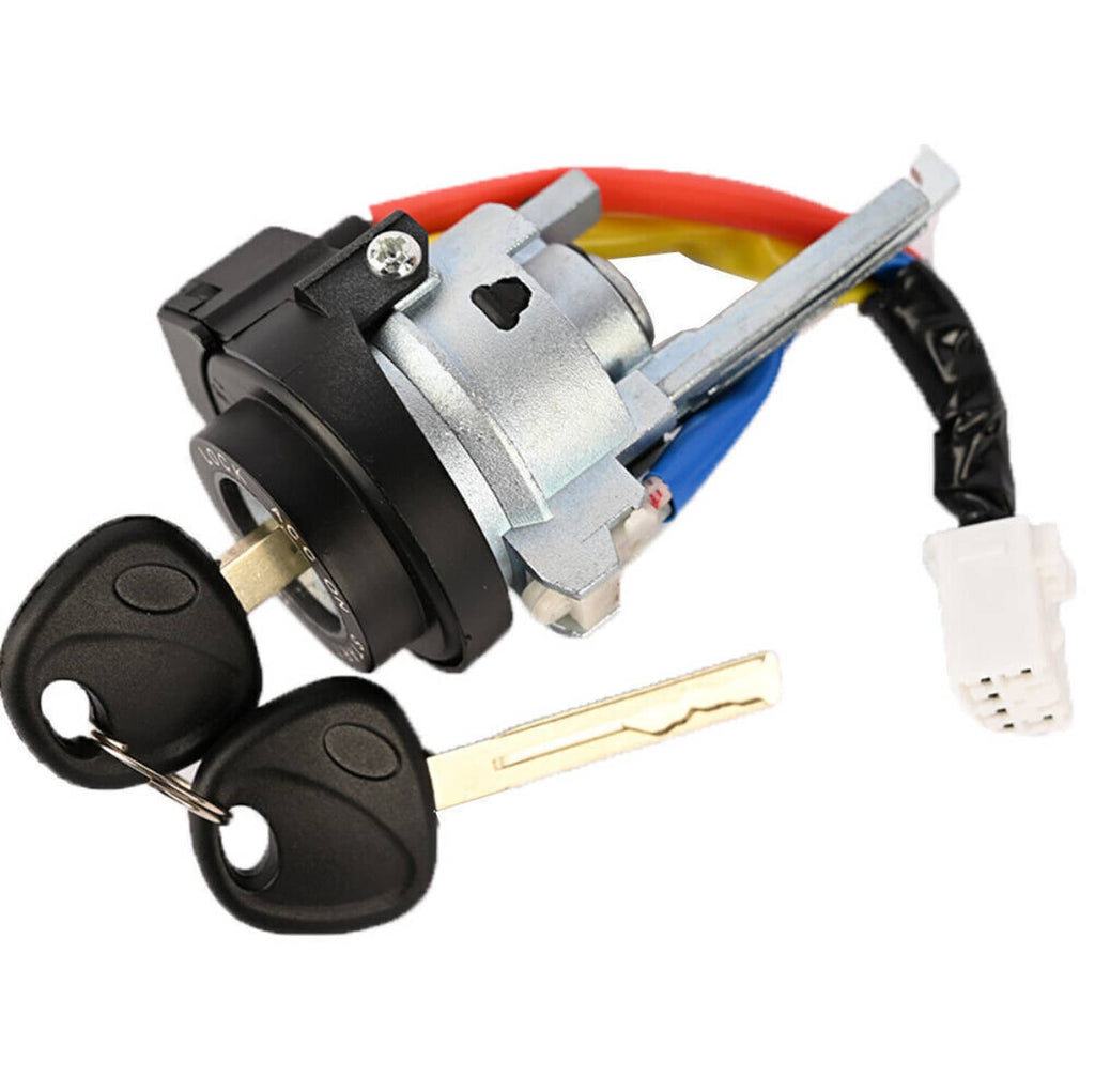 Ignition lock cylinder switch with two keys, black housing and colored wire leads.
