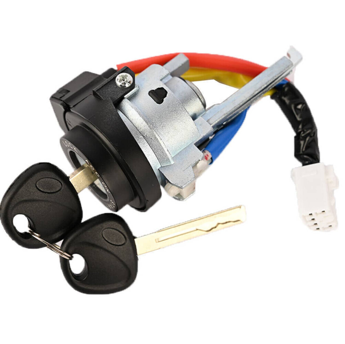 Ignition lock cylinder switch with two keys, black housing and colored wire leads.