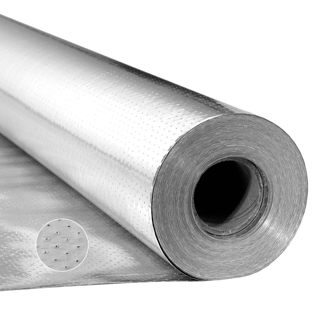 Perforated reflective insulation roll end view with dark inner core and foil texture