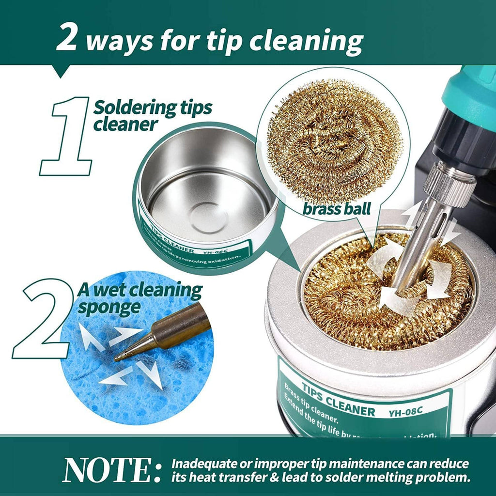 Tip cleaner with brass ball and wet cleaning sponge for two-step soldering tip maintenance