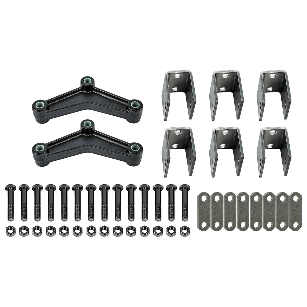 Leaf spring hanger kit set with two black U-links, gray brackets, bolts, and steel plates