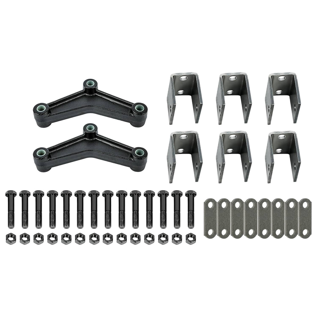 Leaf spring hanger kit set with two black U-links, gray brackets, bolts, and steel plates