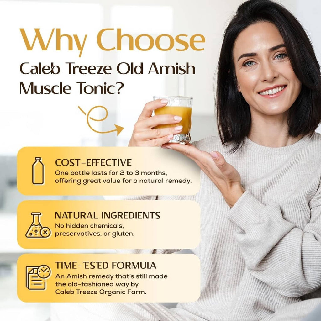 Old Amish Muscle Tonic drink bottle held by smiling woman