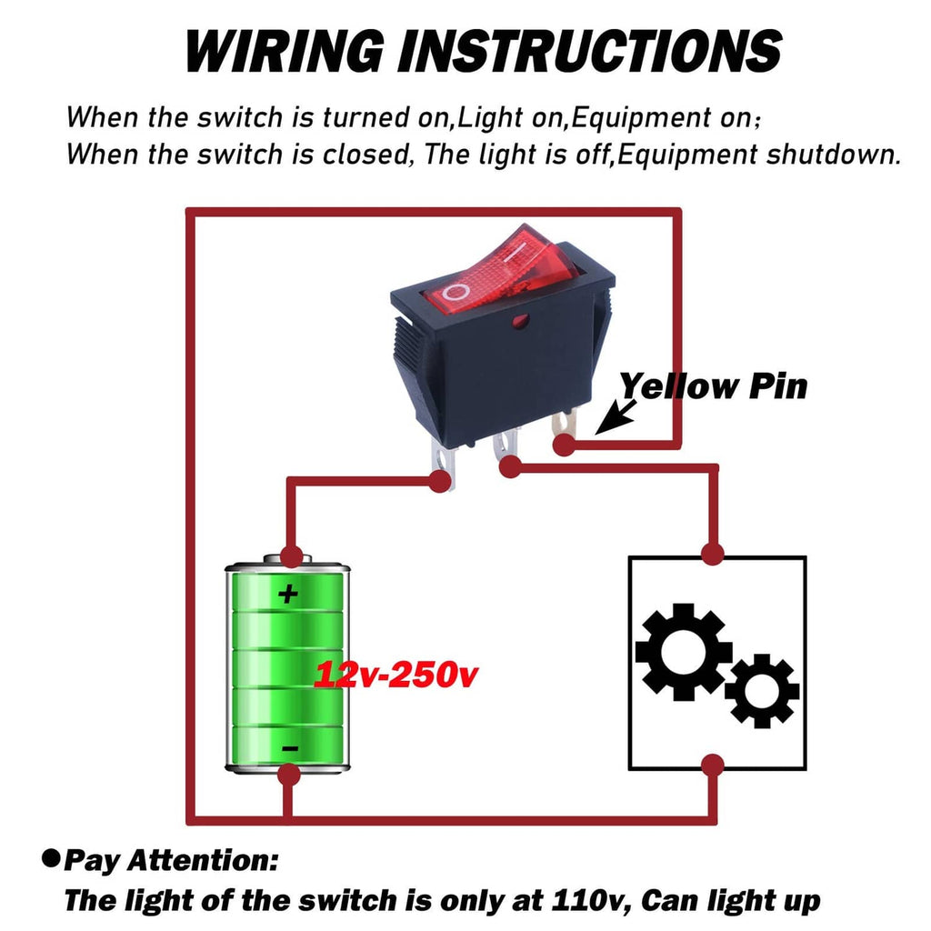 Illuminated red rocker switch with black housing and snap-in wiring terminals