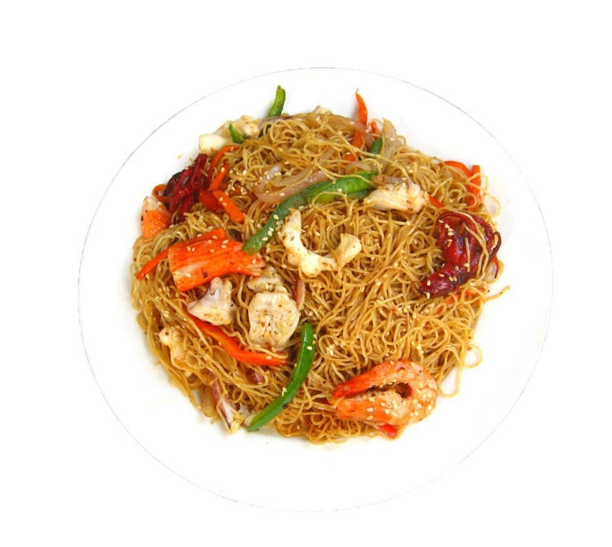 Served stir-fried noodles with chicken pieces, vegetables, and herbs on a plate