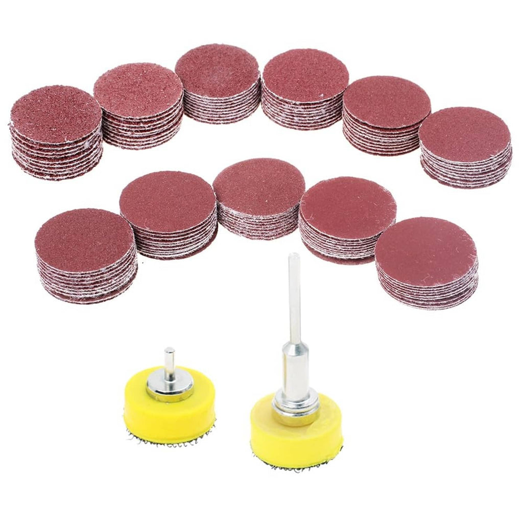 Sanding disc set with 1-inch brown abrasive circles and two 1-inch mandrels