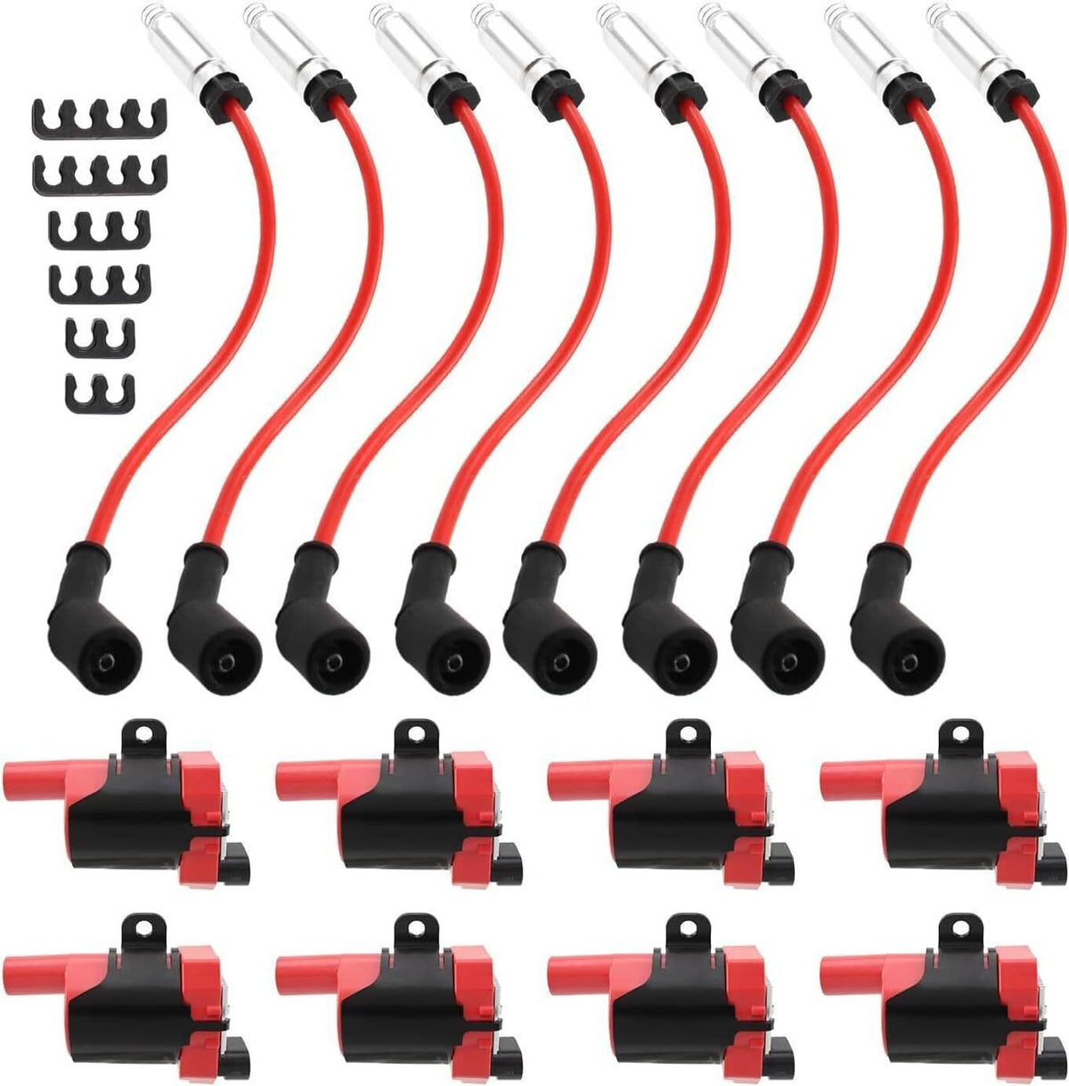 Ignition coil set with red wire leads and black boot connectors