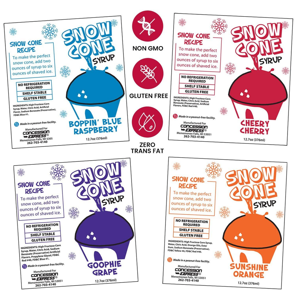 Sno Cone syrup labels for Boppin Blue Raspberry, Goophie Grape, Cheery Cherry, Sunshine Orange