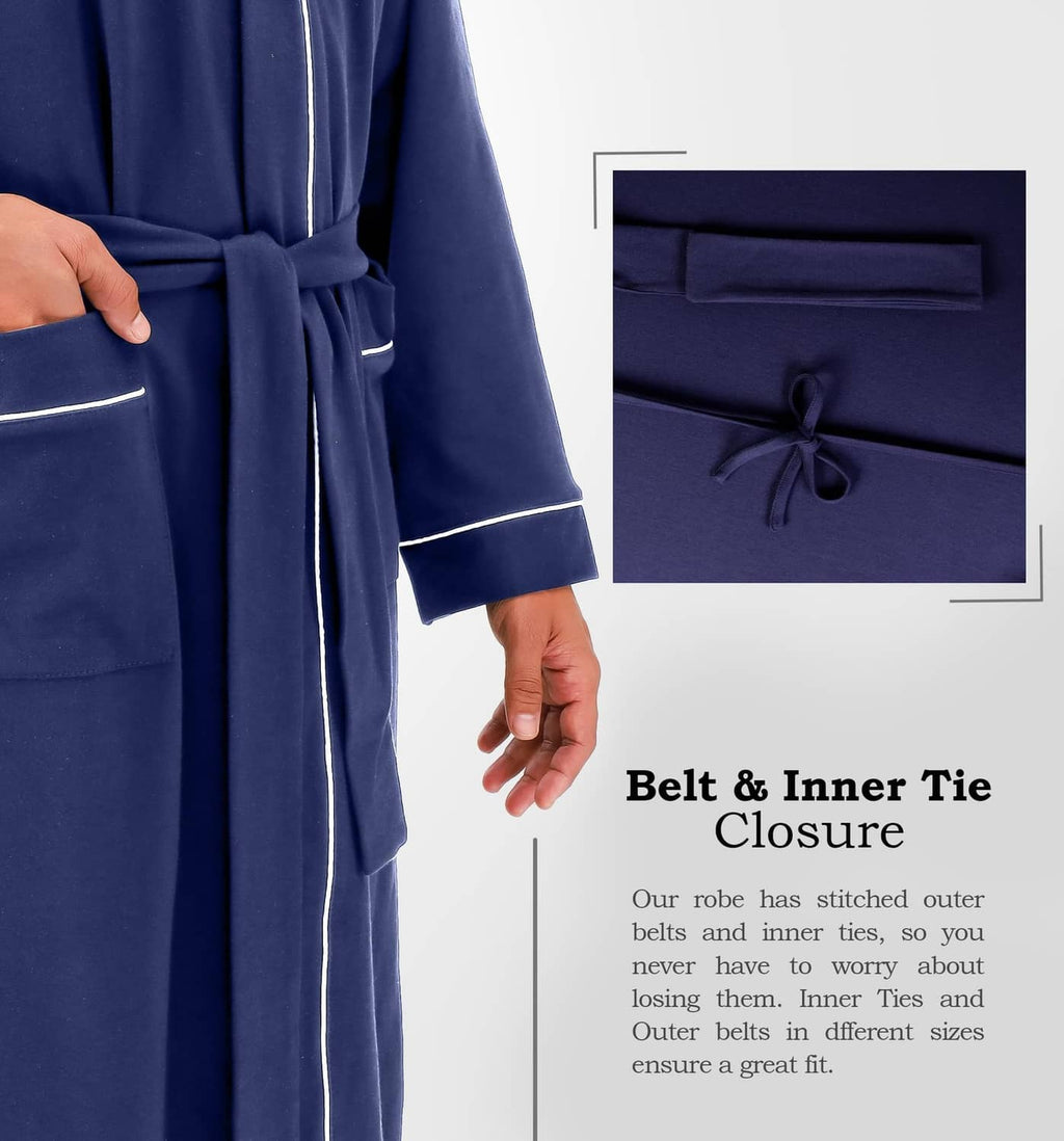 Navy bathrobe belt closure detail with contrast trim and inner tie at waist.