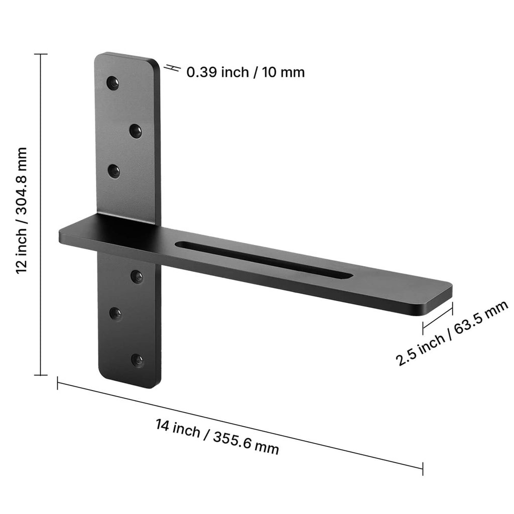 Floating shelf bracket with 14 in long arm and 2.5 in wide slots, matte black steel.