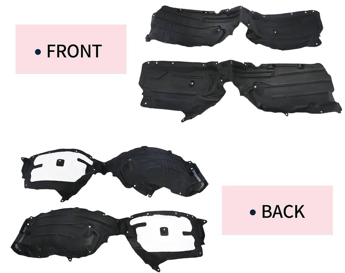 Front and rear fender liner panels, black plastic with molded contours and white pads
