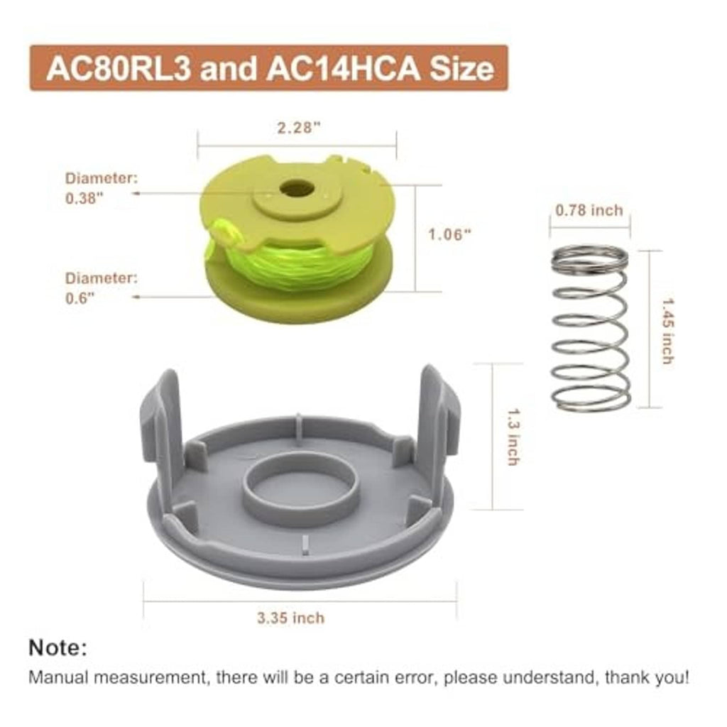 Replacement trimmer spool cap with green line spool and coiled spring, size diagram