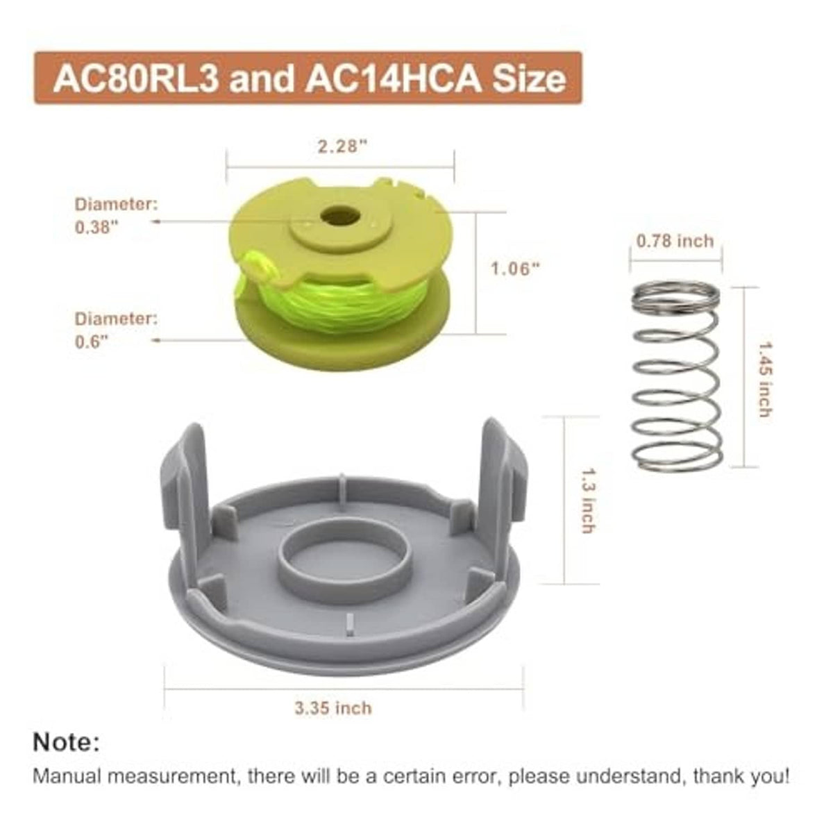 Replacement trimmer spool cap with green line spool and coiled spring, size diagram
