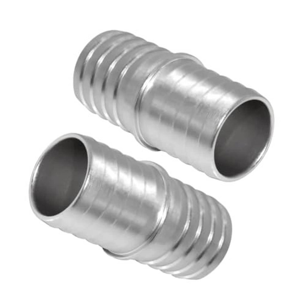 Two silver ribbed hose barb adapters with open ends for coolant line splice