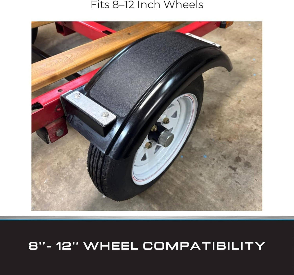 Black trailer fender mounted over a trailer wheel with front mounting base