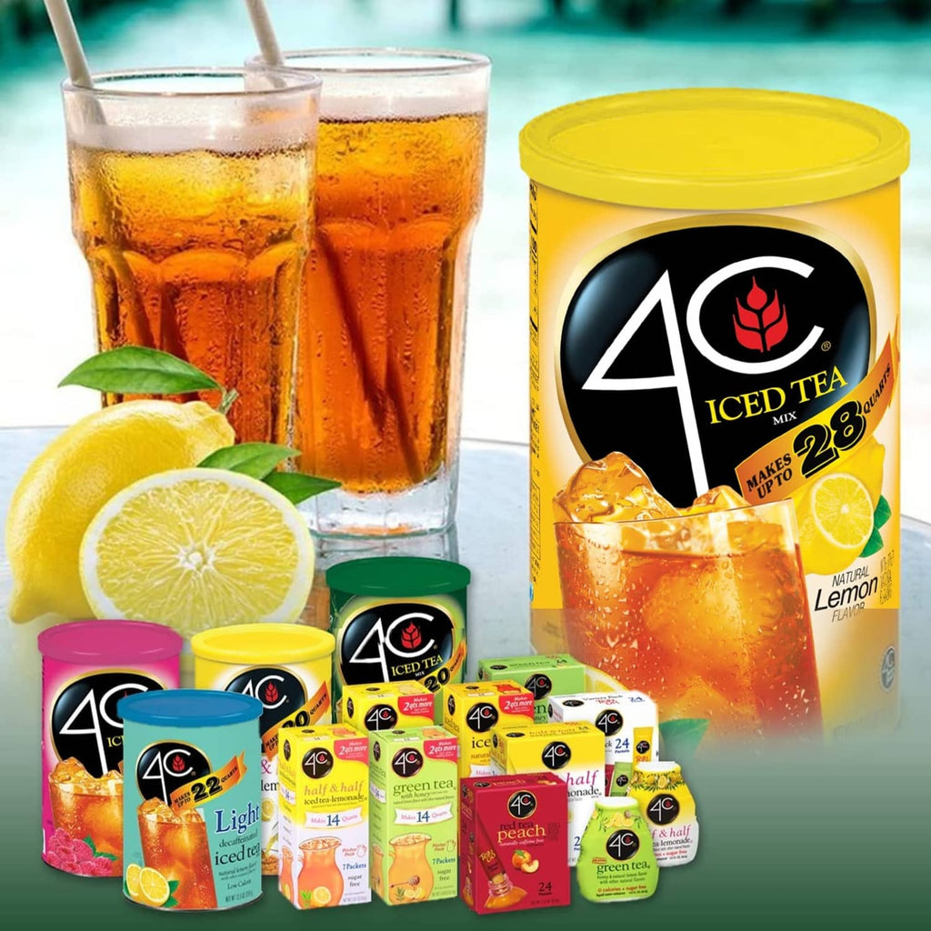 4C iced tea powder drink mix tub with lemon, plus assorted packets