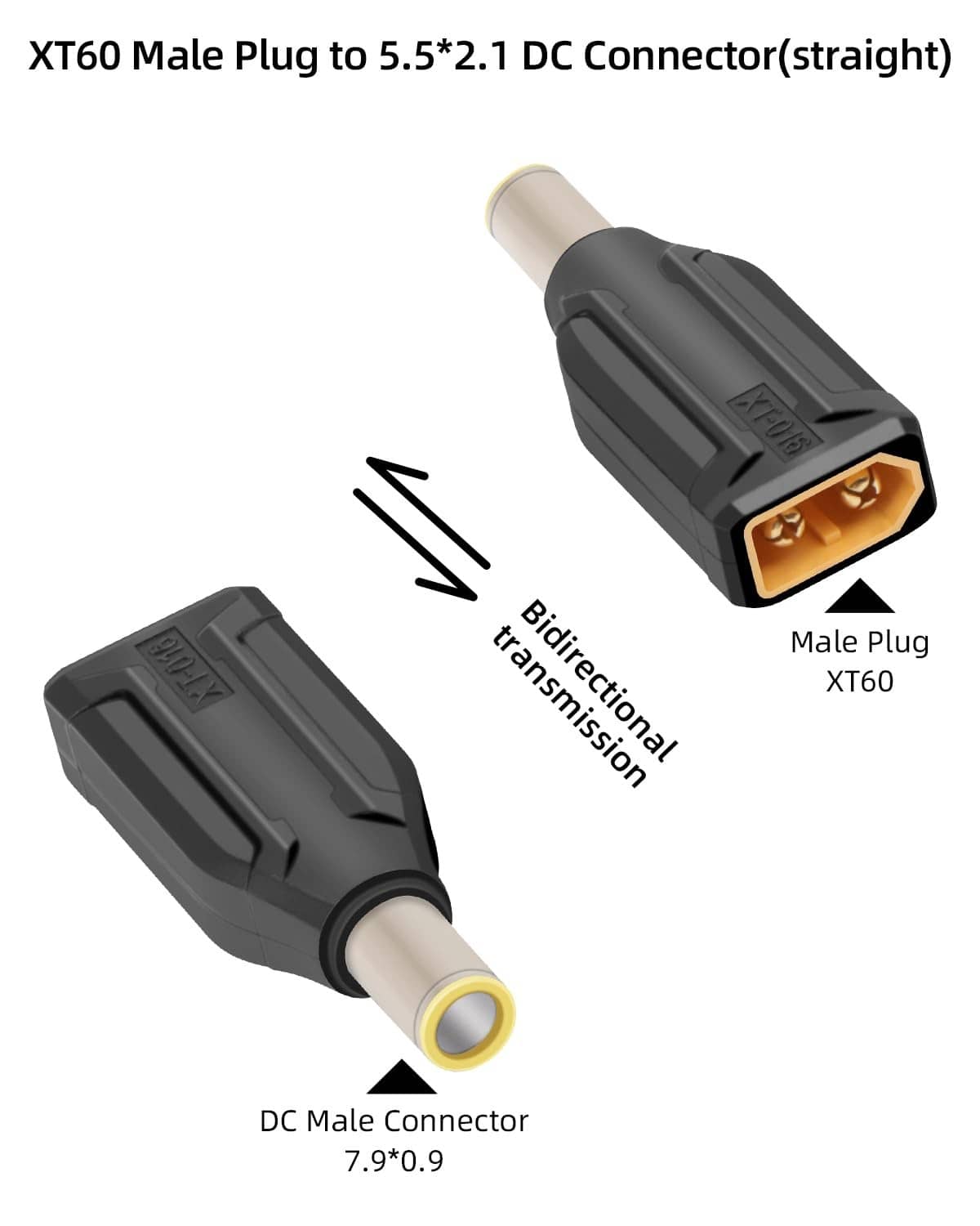Black XT60 male plug to DC connector, gold pin contacts, straight adapter