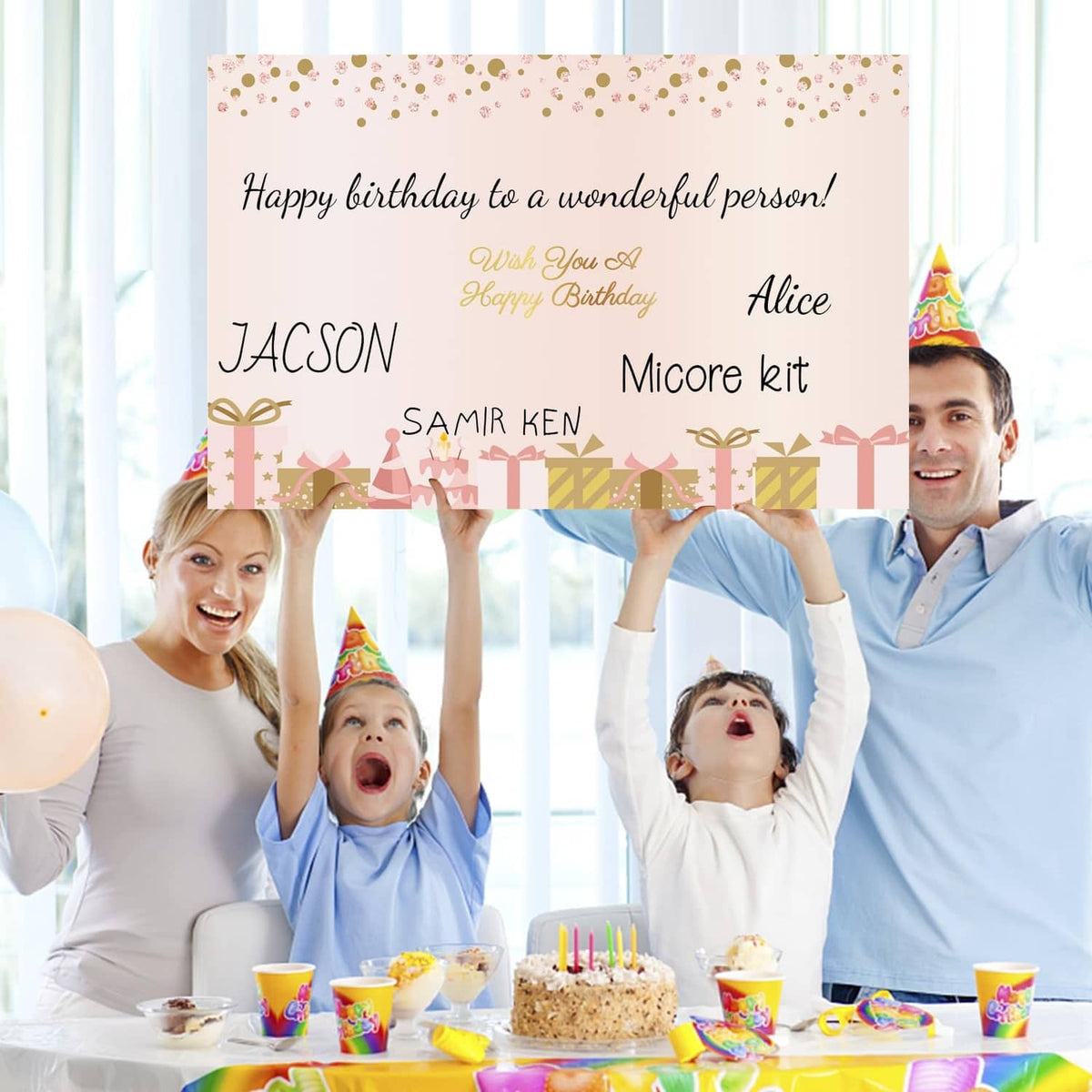 Jumbo birthday card with rose gold Happy Birthday, gifts, custom names on message panel
