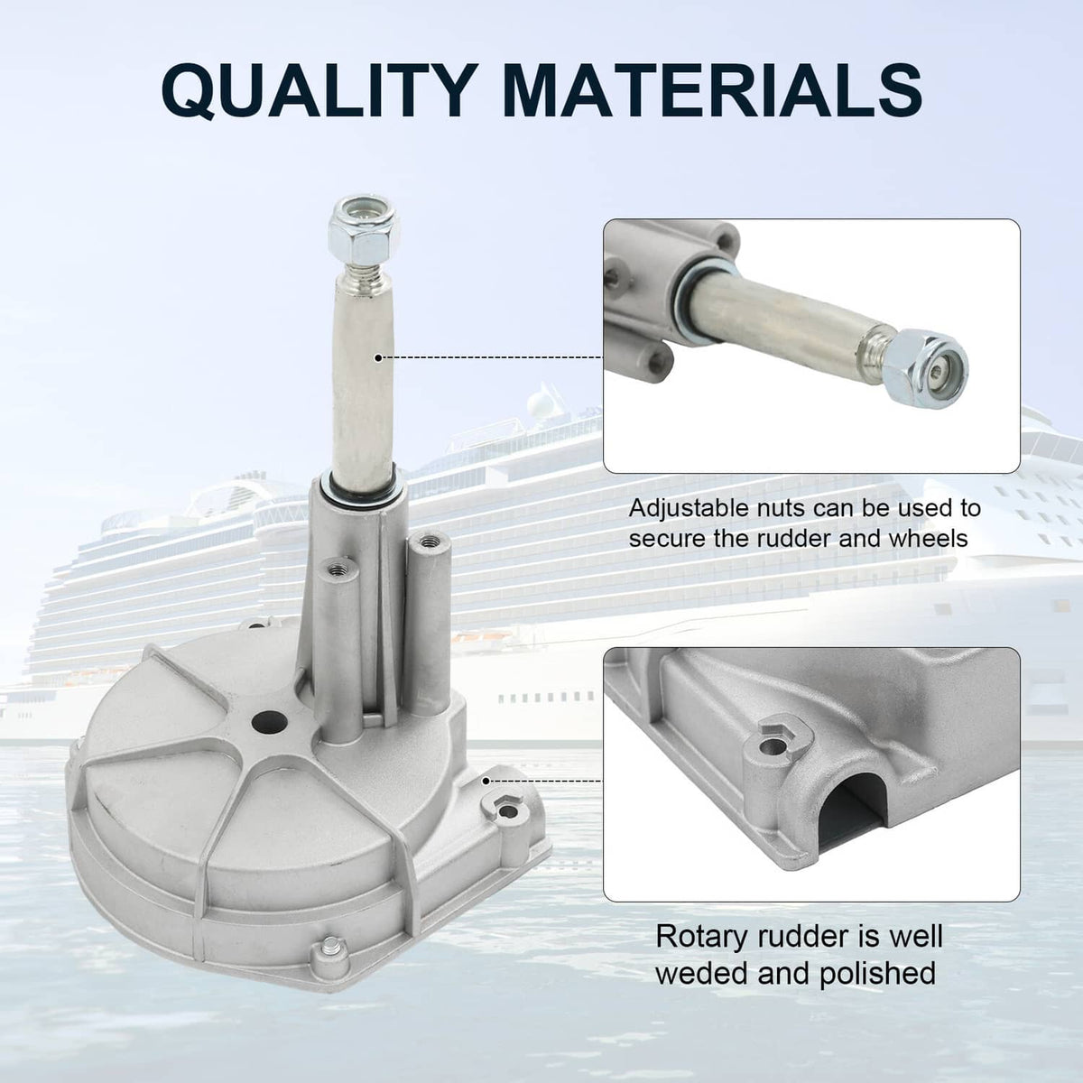 Boat rotary rudder base with stainless rod and adjustable nuts for wheel mounting