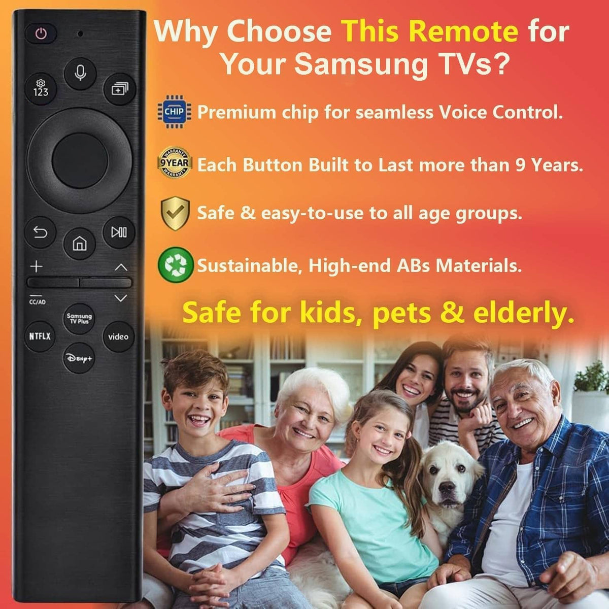 Black Samsung TV voice remote with circular navigation pad and shortcut buttons