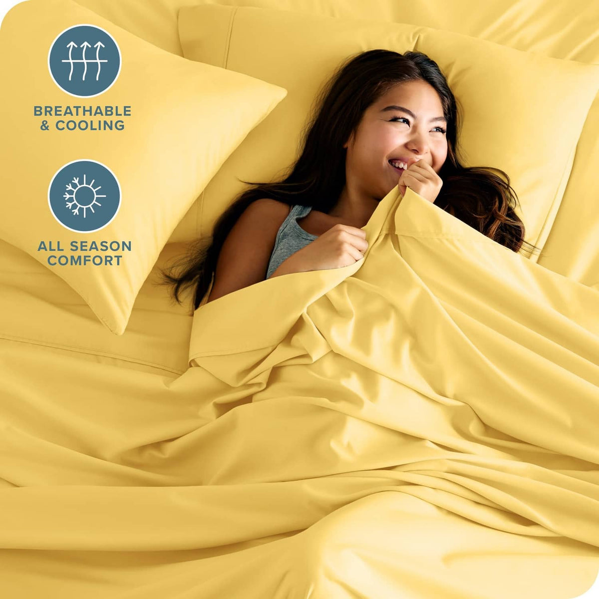 Lemon-yellow microfiber bedding set with smooth drape and pillowcases.