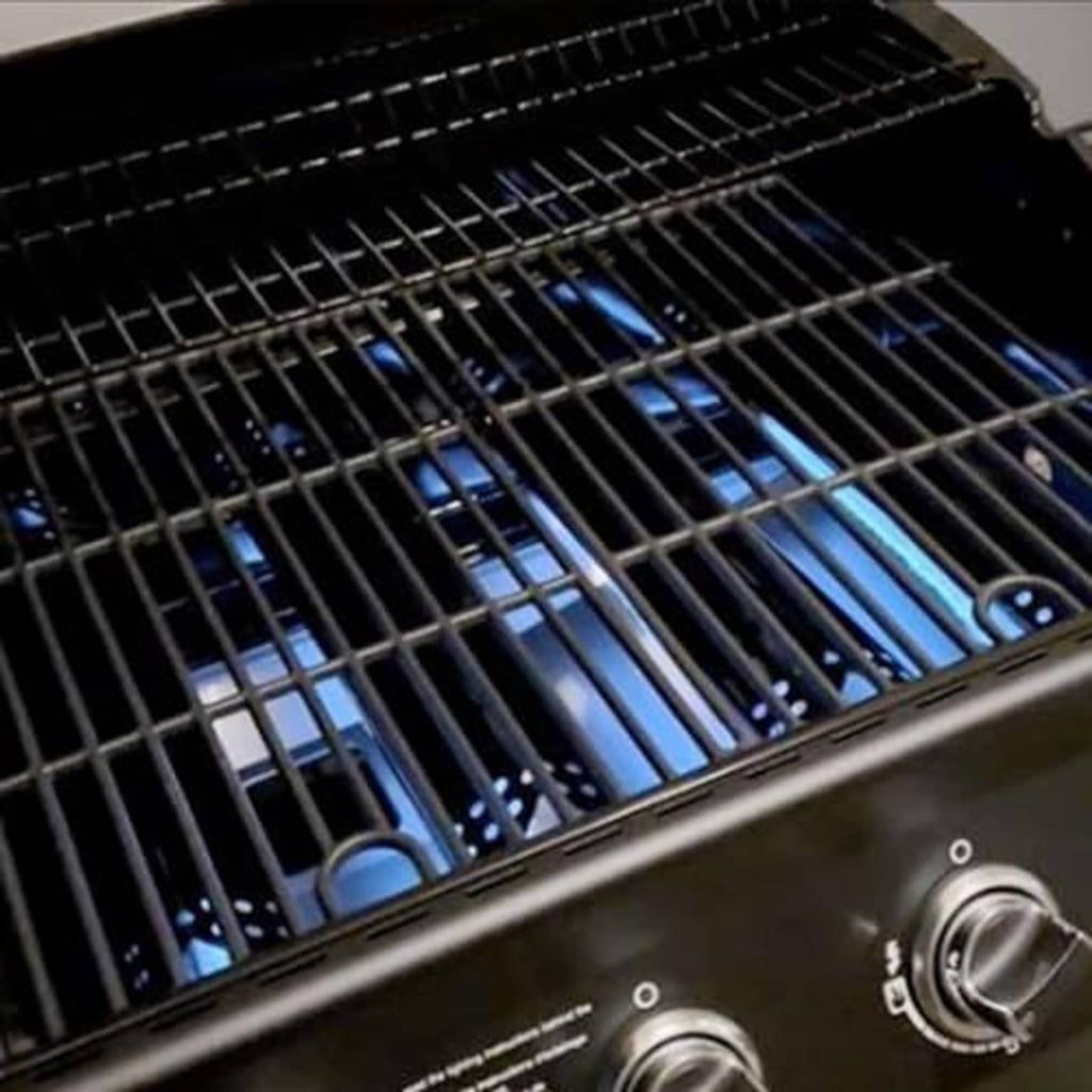 Black cast-iron cooking grate with parallel slats inside a grill