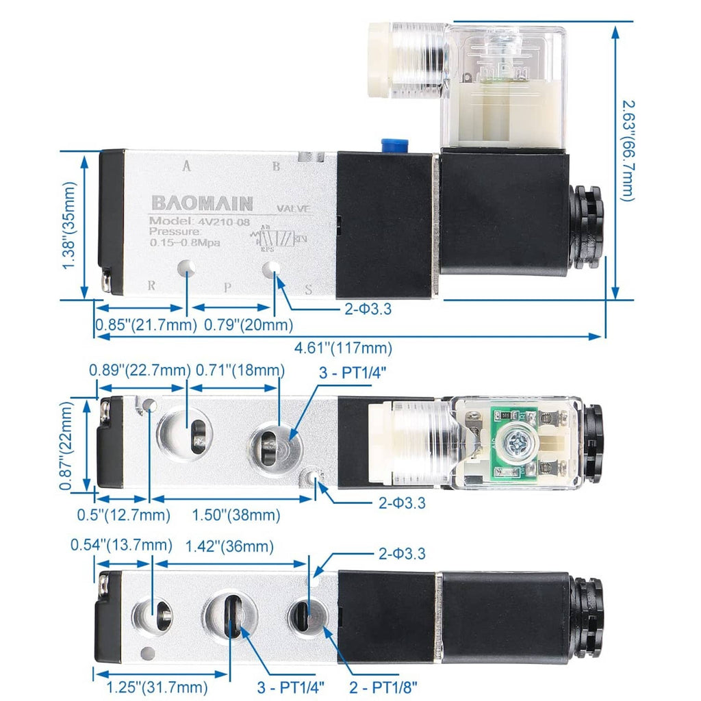 Pneumatic 5-way solenoid valve technical dimension view with port sizes and measurements
