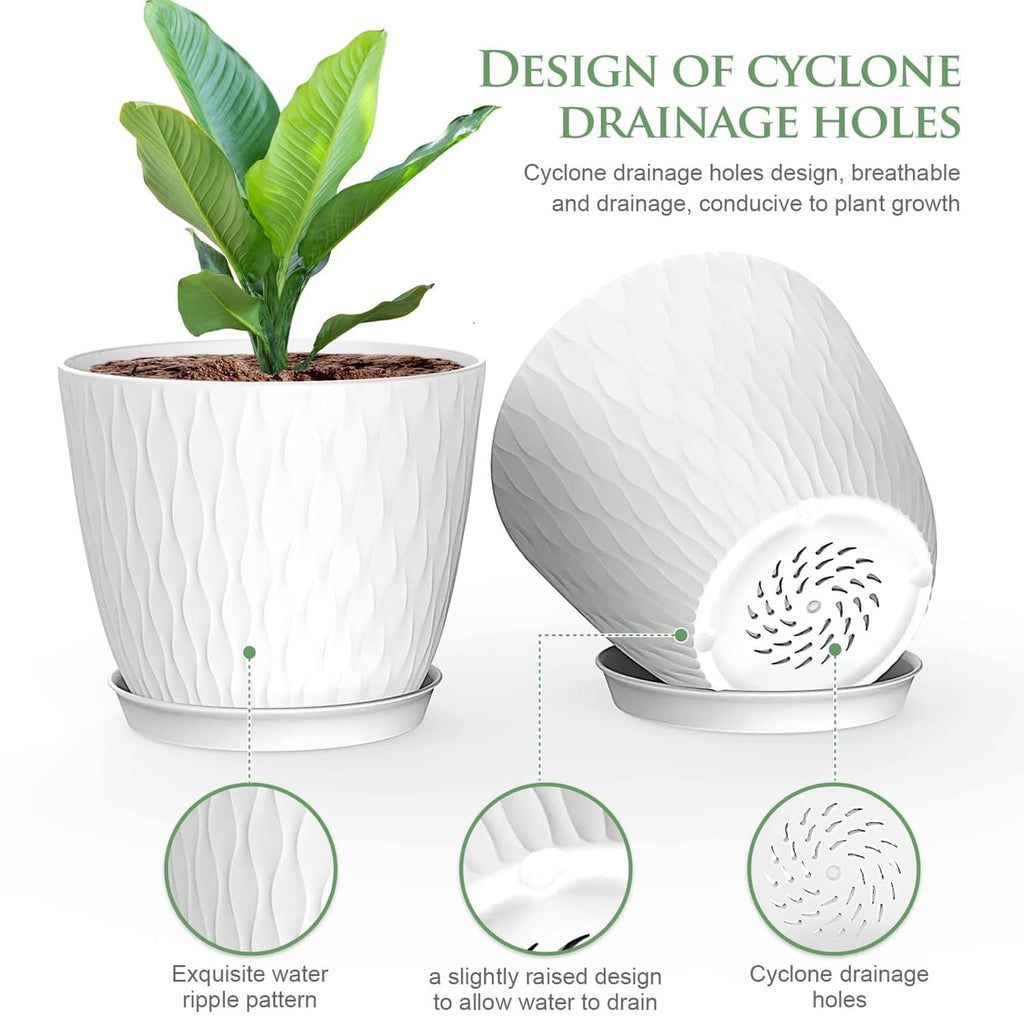 White flower pot with plant and visible cyclone-style drainage holes