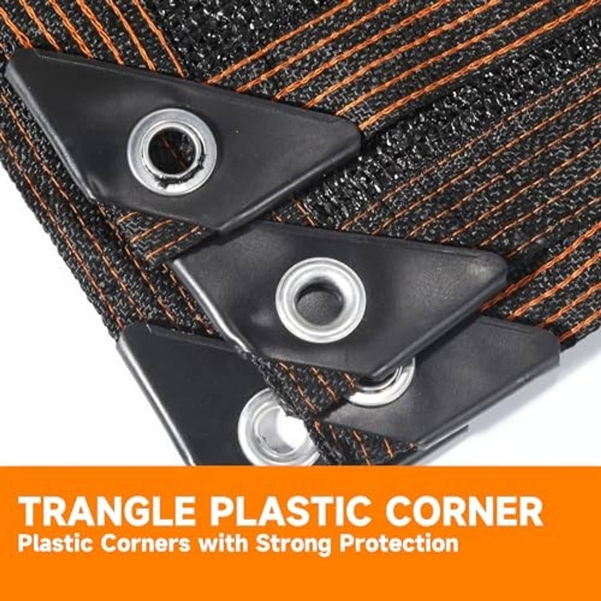 Black shade net corner with plastic-triangle grommet and orange stitched border