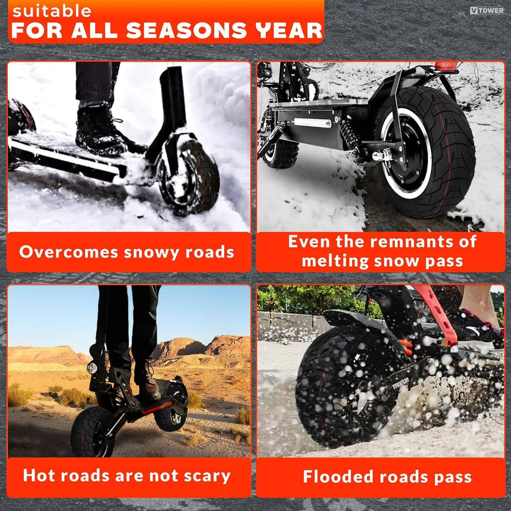 Black scooter tire with rugged tread for all seasons, replacement inner tube included