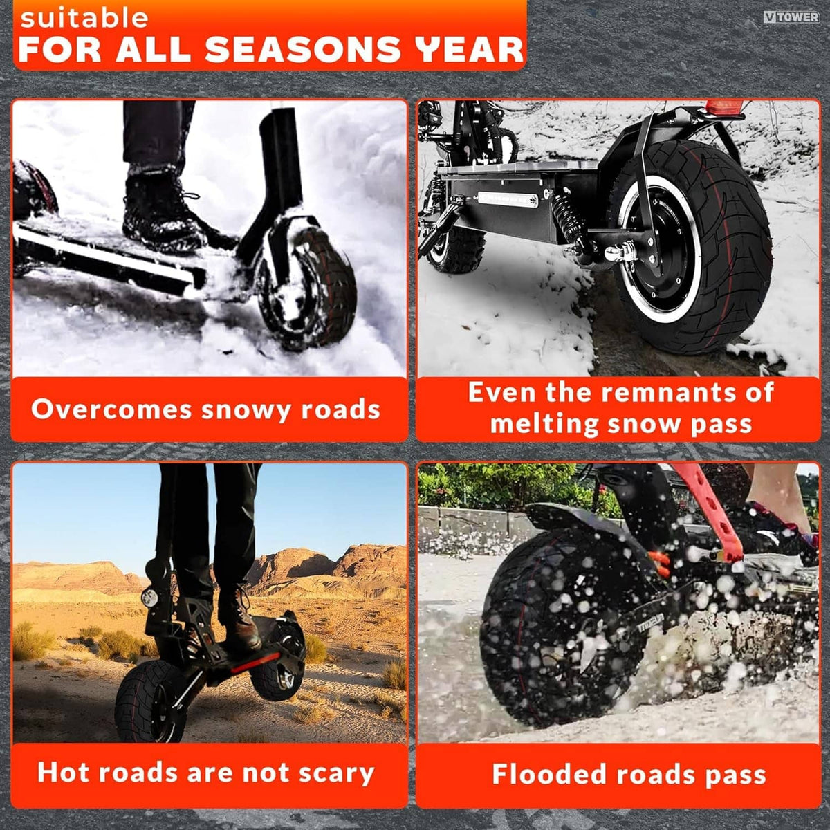 Black scooter tire with rugged tread for all seasons, replacement inner tube included