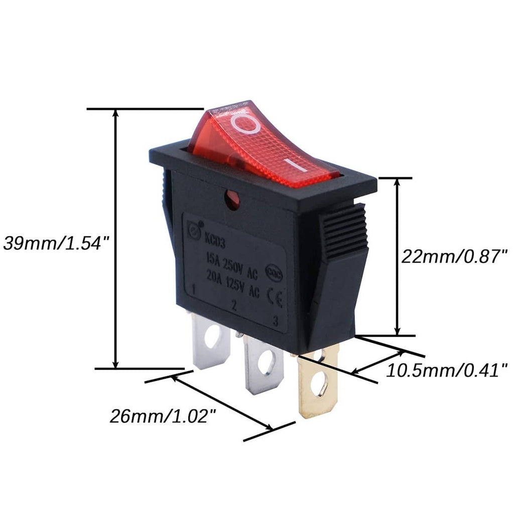 Illuminated red rocker snap-in switch, black housing, visible mounting pins