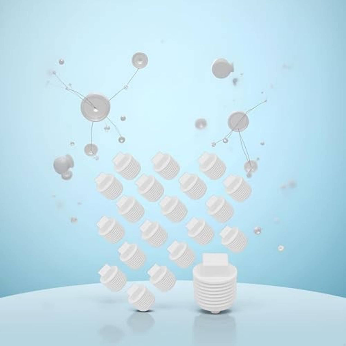 White PVC male thread plug adaptors arranged in a cluster with ridged threads