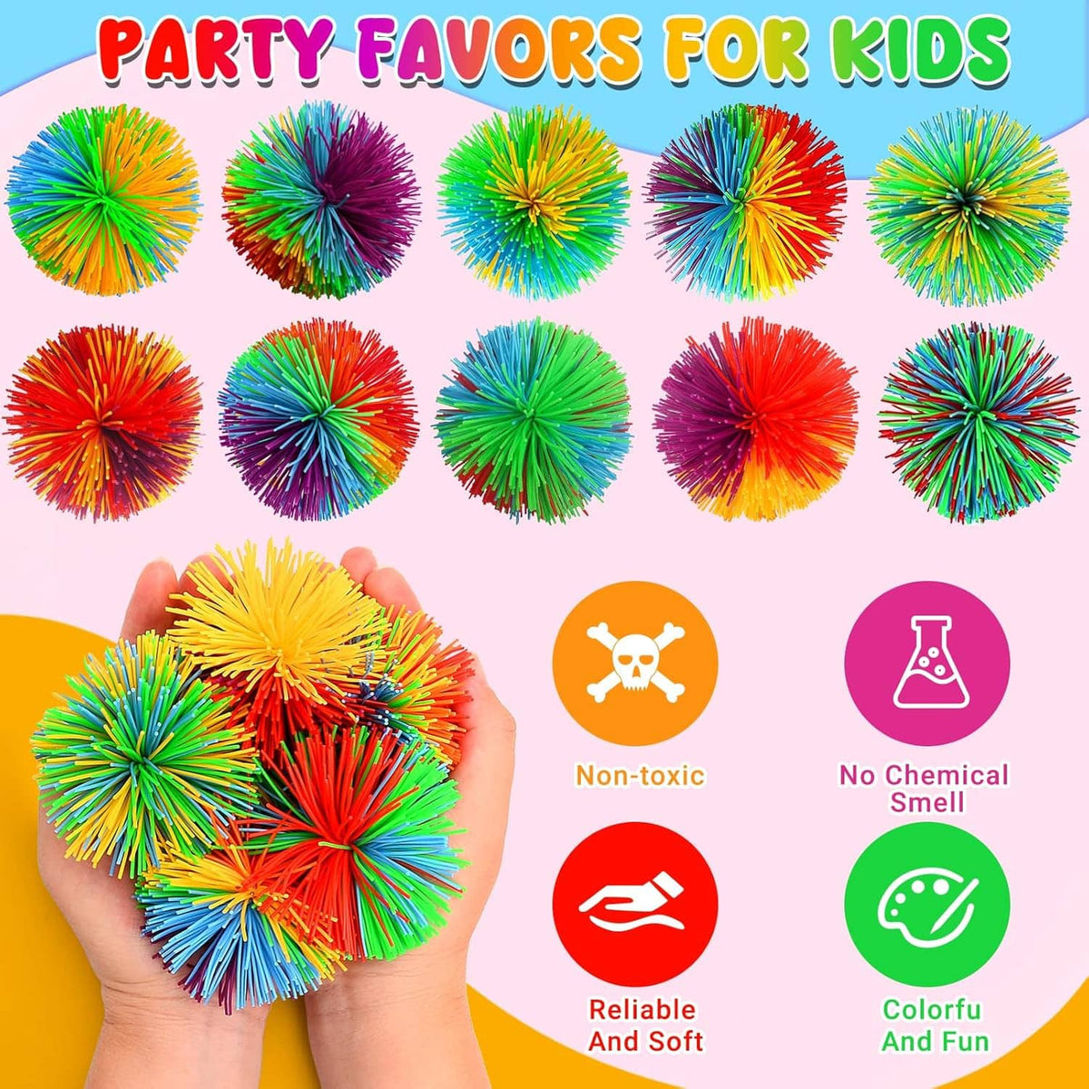 Kids holding rainbow stringy pom stress balls; colorful bouncy sensory fidgets