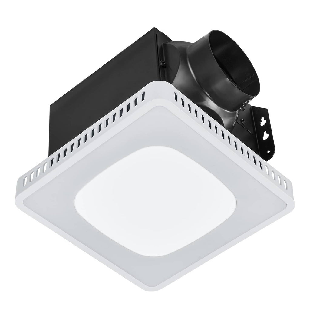 Bathroom ceiling ventilation fan with black duct outlet and white light panel