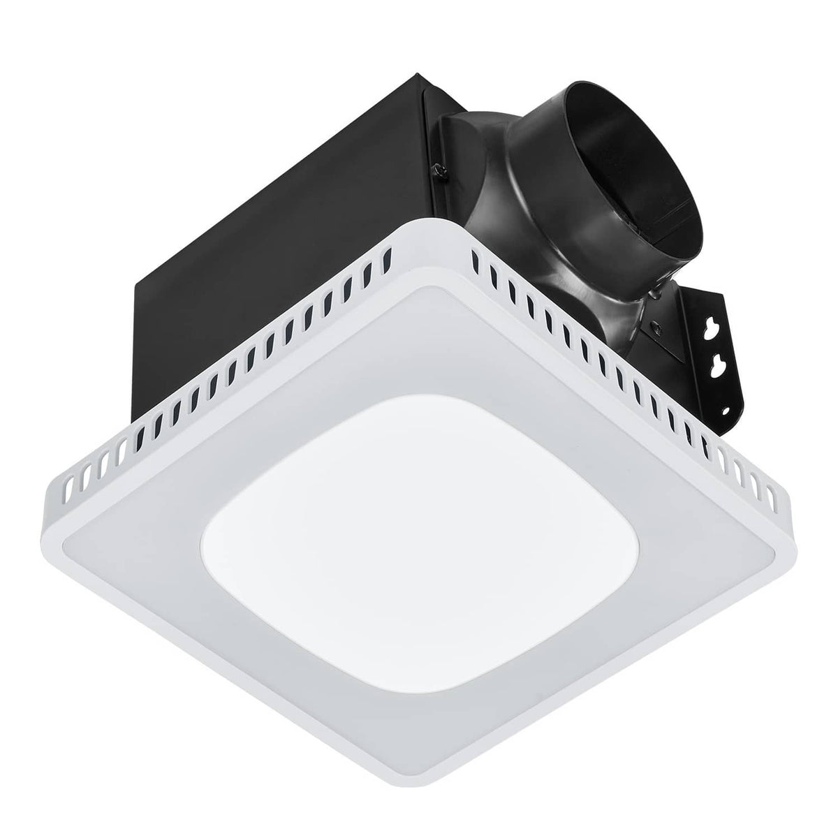 Bathroom ceiling ventilation fan with black duct outlet and white light panel