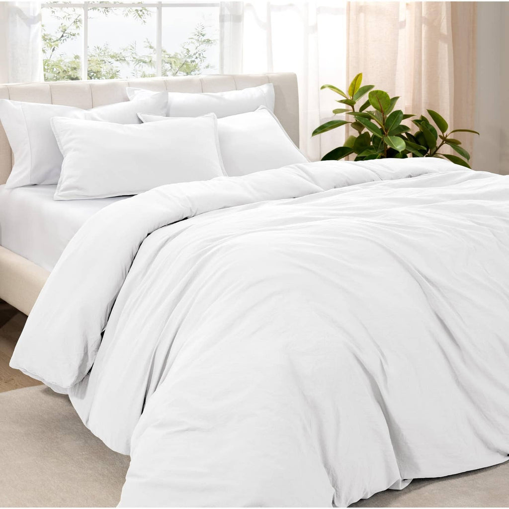 White queen duvet cover set with pillow shams, smooth white bedding on bed