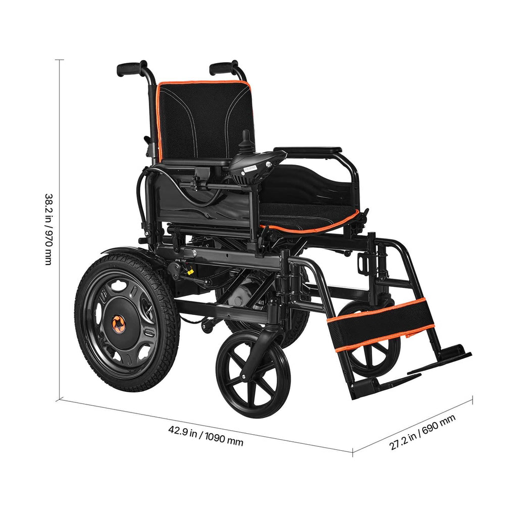 Electric wheelchair with black upholstery, orange trim, large wheels, and leg rests