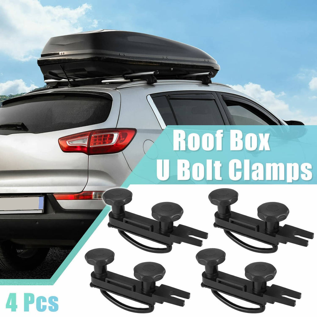 Black roof box U-bolt clamps on a vehicle roof rack, four-piece set