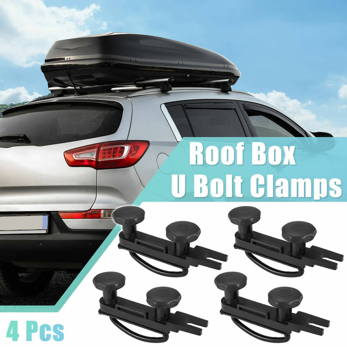 Black roof box U-bolt clamps on a vehicle roof rack, four-piece set