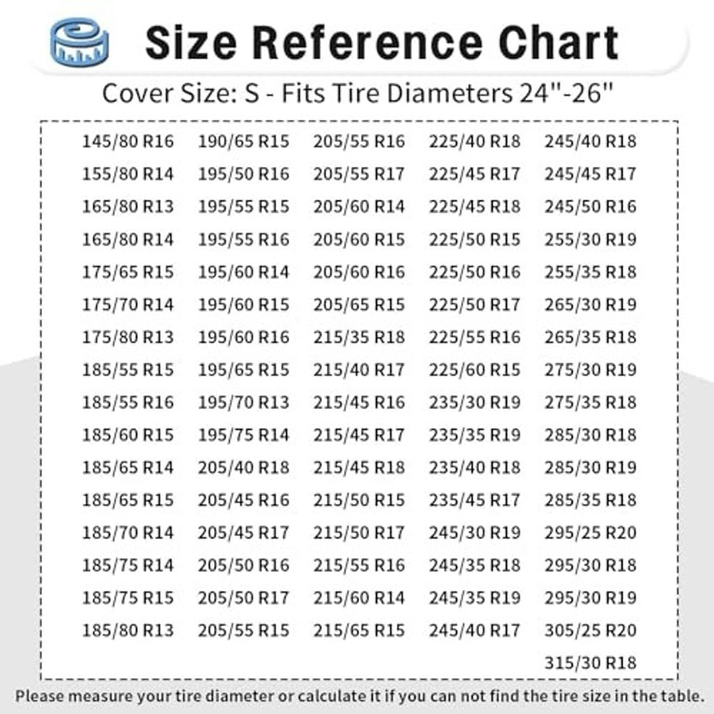 Tire cover size reference chart listing cover sizes for tire diameters