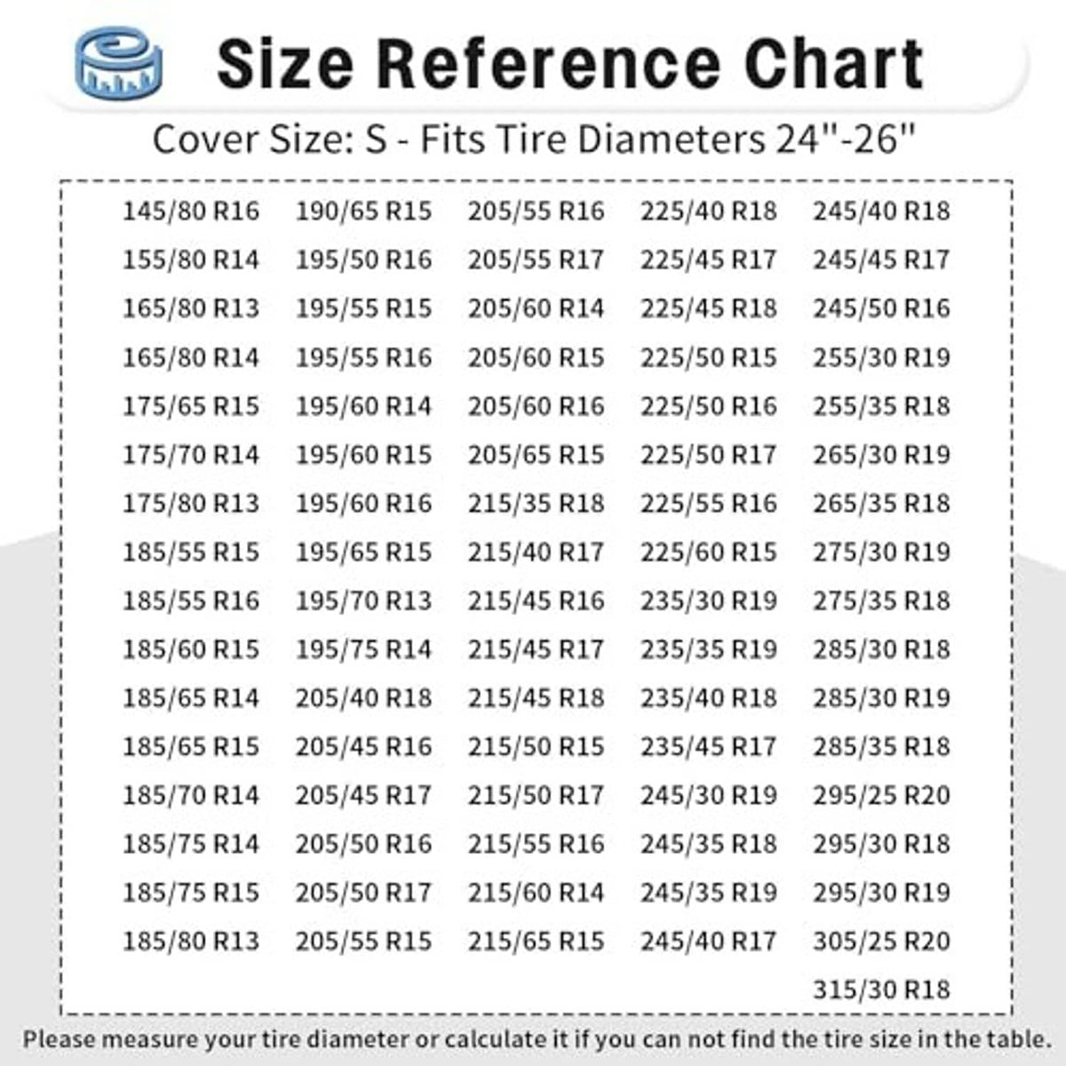 Tire cover size reference chart listing cover sizes for tire diameters