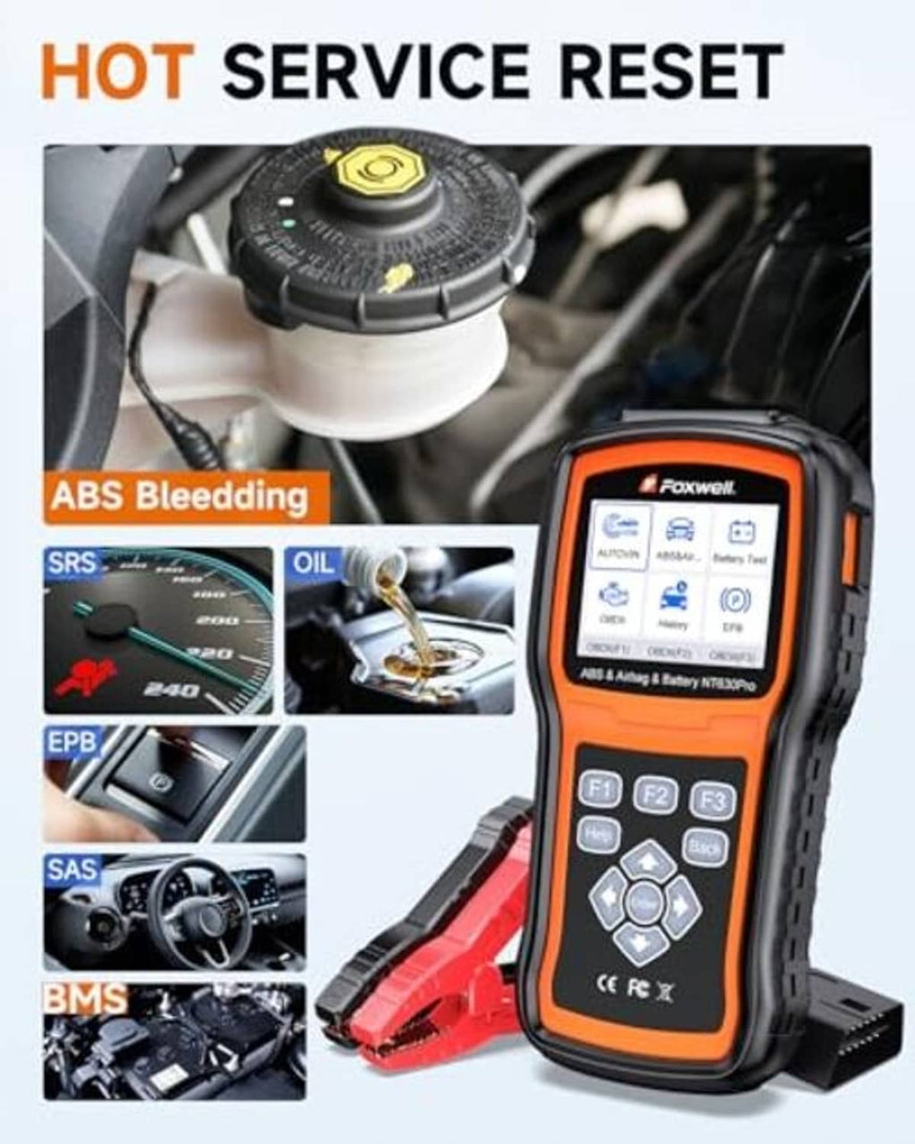 Foxwell OBD2 scan tool with orange screen and red clamps in engine bay reset use