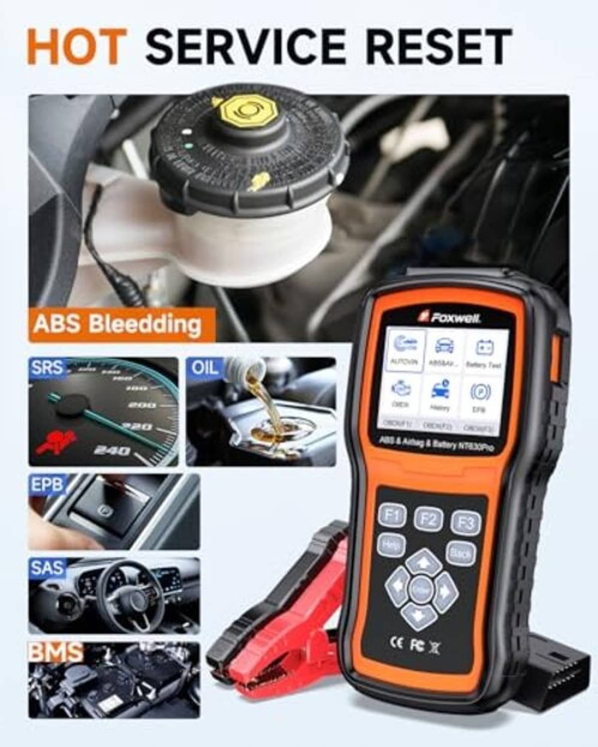 Foxwell OBD2 scan tool with orange screen and red clamps in engine bay reset use