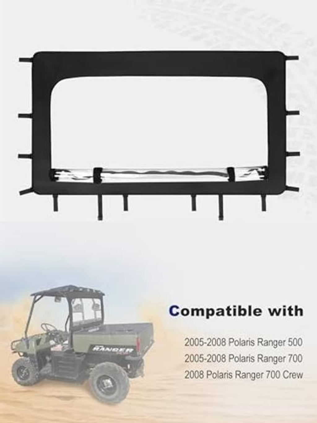 Soft rear windshield insert with black frame and clear window opening